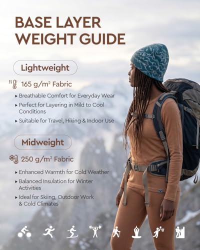 Image of MERINNOVATION Merino Wool Base Layer Set for Women 100% Merino Wool Thermal Underwear Sets Lite - Midweight Top Tank Bottom