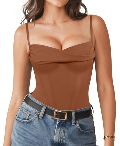 Image of Popilush Corset Bodysuit for Women Tummy Control Shapewear Bodysuits Cowl Neck Going Out Tops Body Suit Concert Outfits