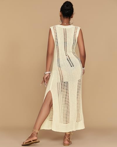 Image of Bsubseach Womens Crochet Beach Cover Ups Sleeveless Swimsuit Dress