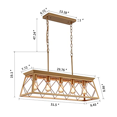 Q&S Modern Farmhouse Chandelier Light Fixtures,5-Lights Gold Linear Industrial Light Fixtures for Kitchen Island Bar Dining Table UL Listed