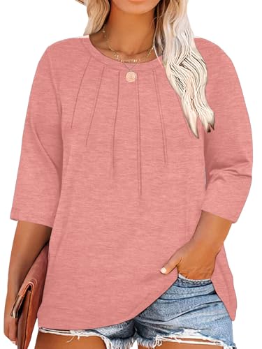 Image of Chulianyouhuo Womens Plus Size Tops 3 /4 Sleeve Casual T Shirts | Crew Neck, Pleated Blouse Tee, Dressy Casual Shirts, Loose Fit Tunic Tops, Soft Fabric, Going Out Outfits