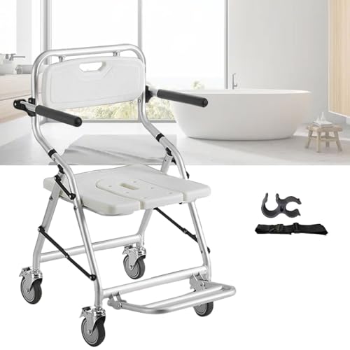 ZHNANDAMAI Taburete de Ducha Plegable con Freno y Respaldo para Personas Mayores, Asiento Ducha con Ruedas Plegable, Taburete Ducha Antideslizante, Reducir la Actividad para Evitar Lesiones