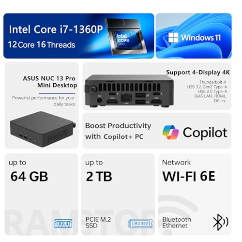 Image of ASUS NUC 13 Pro Mini Desktop, Intel 12-Core i7-1360P, 16GB RAM, 512GB SSD, Wi-Fi 6E, Support 4-Display 4K, Thunderbolt 4, HDMI, Bluetooth, Windows 11 Pro, Black, PC for Home /Business /Gaming