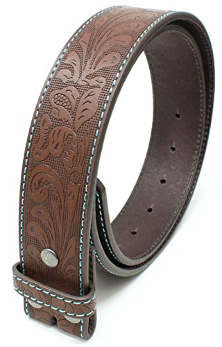 BC Belts Leather Belt Strap with Teal Stitching and Embossed Western Scrollwork 1.5" Wide with Snaps4