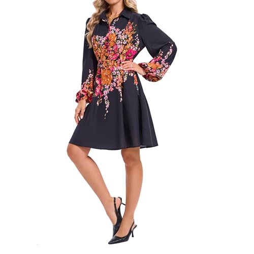Women's Long Sleeve Summer Button Down A-Line Floral Print Fall Cocktail Shirt Dresses with Belt for Work Vocation2