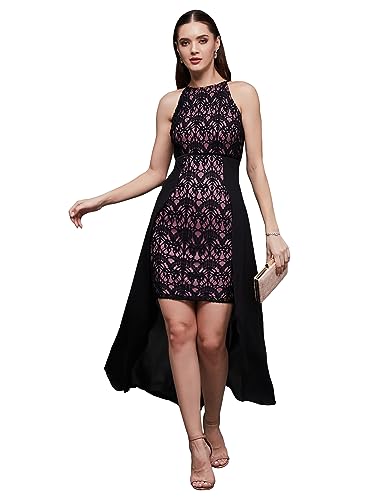 Image of Miss Chase Womens Bodycon Square Puff Sleeve Solid Lace Overlaid Ankle Length Dress