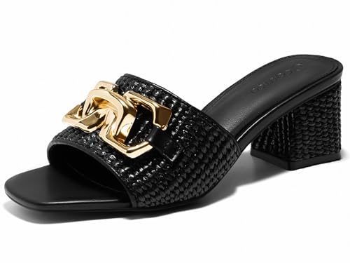 Image of Coutgo Womens Raffia Slide Sandals Chunky Block Heeled Square Open Toe Metal Chain Slip on Mules Dressy Shoes