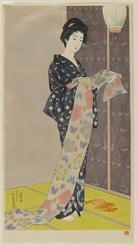 Pintura de la Era Taisho Donna in kimono estivo de Goyo Hashiguchi, cuadro en lienzo 60x90cm