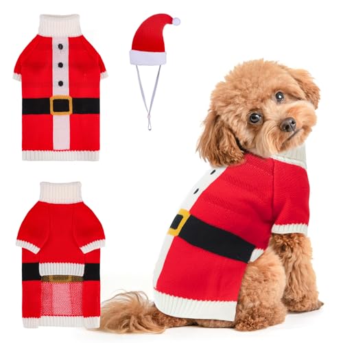 Image of BEAUTYZOO Dog Christmas Sweater for Small Medium Dogs Girls Boys, Dog Santa Claus Costume Outfits with Hat & Leash Hole, Turtleneck Knitted Pullover Xmas Puppy Sweaters Cold Weather Clothes, Red XS