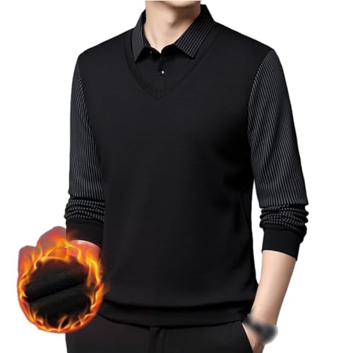 XYLAWAVE Striped Lapel Fake 2-Piece Shirt,Men's 1/4 Button Up V Neck Lapel Pullover,Long-Sleeved Fit Solid Casual Sweater