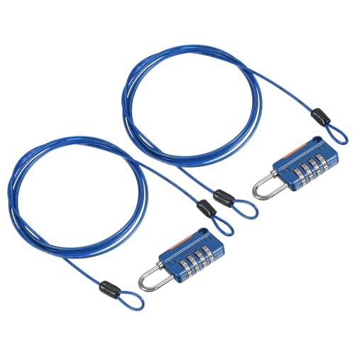 Image of PATIKIL Security Steel Cable with 4 Digit Combination Lock, 2 Set 6.6Ft Coated Safety Wire Rope Double Loop Padlock for Outdoor Travel Luggage, Blue