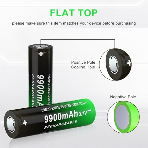 3.7V Li-ion Rechargeable Battery - 9900 mAh High-Capacity 18650 Flat Top Batteries for Flashlights, Cameras, Clocks, Toys & Household Electronics