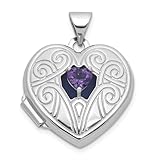 JewelryWeb 925 Sterling Silver Rhodium Plated Amethyst February 18mm Love Heart Locket-Locket Necklace for Women