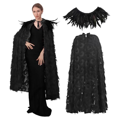 Koalswm Velvet Feather Cloak Unisex Adult Cape Detachable Natural Fur Collar for Gothic Halloween Cosplay Costume (Black)