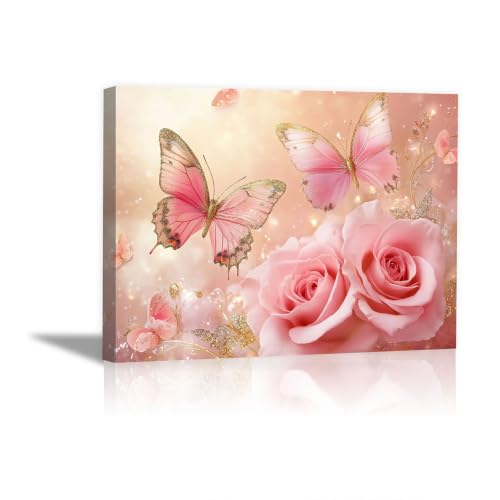 Tableau déco papillon rose et bord doré chic encadré 70x100
