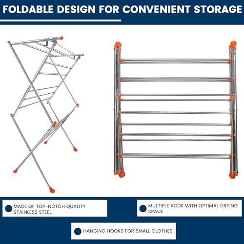 Image of Zureni Cloth Drying Stand Foldable & Portable Heavy Duty Stainless Steel Clothes Dryer 2 Tier Rack with Double Pole and Hanger for Balcony Laundry Hang (Pack of 1)