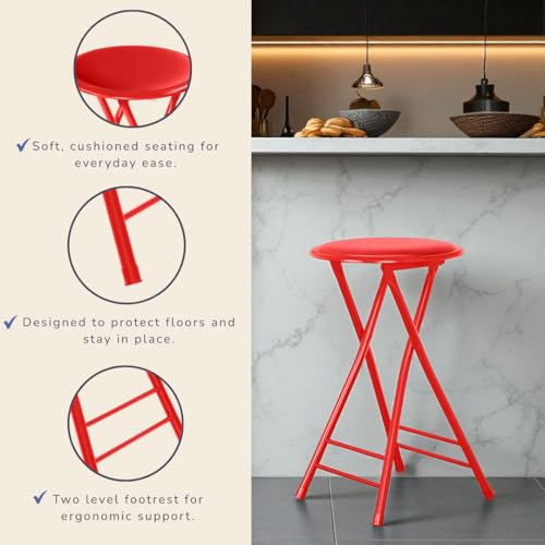 Image of Lavish Home Folding Stool with Padded Backless Seat, Red, 24 Inch | Counter Height Bar Stools with 225lb Capacity, Portable Indoor & Outdoor, Extra Seat for Kitchen, Rec Room or Camping