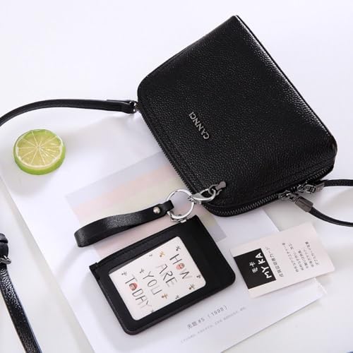 Card Bag with Hand Rope Zipper Bag Card Badge Holder PU Card Case Office Supplies(black)4
