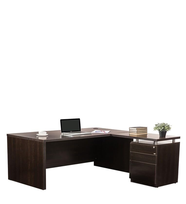 Image of Lakdi The Furniture Co Directo Table and Office Desk for L-Shape Made in Particle Board with Side Unite and Drawers Storage Wire Manager, Luxury Executive Desk Wenge Brown Color- (LDL-559)