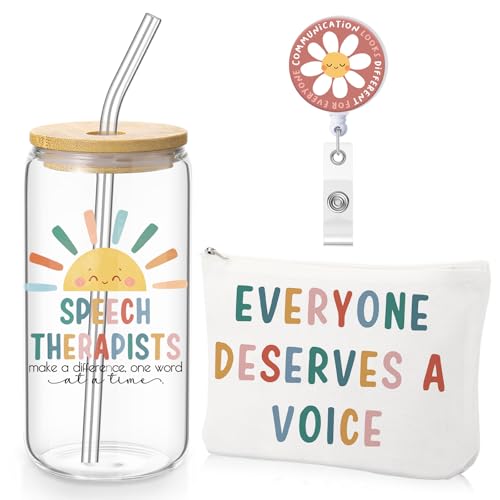 Dunzoom 3 Pcs Speech Therapist Appreciation Gifts Set for Speech Language Pathologist Included 16 oz Glass Cups with Lid Makeup Bag Badge Reel Gift for Nursing Assistant