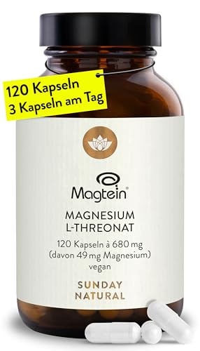 SUNDAY NATURAL Magnesium Threonate - Markenrohstoff Magtein 120 Kapseln L-Threonat 2.040mg Magnesium L-Threonate pro Tagesdosis zur Versorgung des Nervensystems Laborgeprüft vegan
