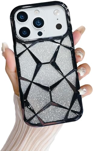 Image of VONZEE Gradient Glitter Back Cover Case Compatible with iPhone 17 Pro, Luxury Electroplated 3D Cube, Diamond Bling Shiny Soft TPU Clear Shockproof Women Girls Protective Phone Cover (Black)