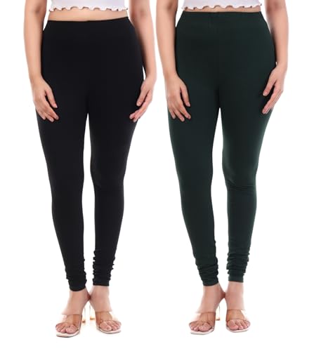 Image of TPF Women Solid Cotton Lycra 4 Way Stretchable Leggings | Combo Pack of 2 Comfortable Churidar-Length Slim Fit Leggings for Women & Girls