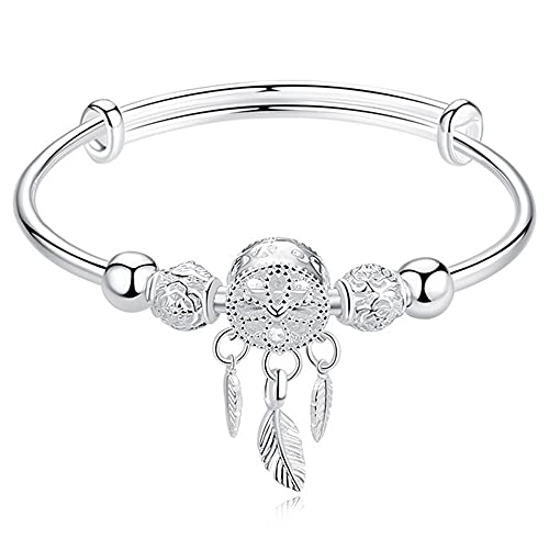LeftSuper Réglable Argent Gland Plume Ronde Perle Charme Bracelet Bracelet pour Femmes Élégant Bijoux Cadeau Saint Valentin Cover