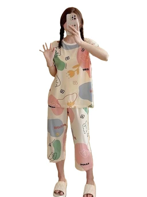 Women Korean Style Oversized Lounge Set Soft Poly Cotton Feel Relaxed T Shirt with Matching Pyjama Set