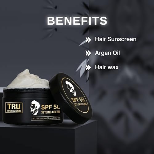 Image of TRU HAIR & SKIN SPF 50 Styling Cream | Non-Sticky Hair Gel for Men | 8 Hour Hold | Hair Wax | Styling Wax |100gm