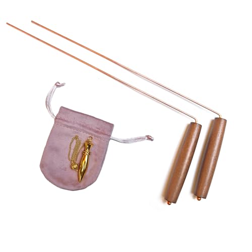 2 PCS Copper Dowsing Rods Kit - Natural Walnut Wooden Handles Divining Rods with Solid Brass Karnak Pendulum -Detect Water Spirit Ghost Hunting, Witching Sticks for Gold,Paranormal, Yes No Questions