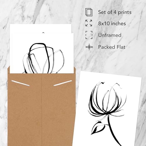 Black White Flower Wall Art Print UNFRAMED 8x10, Simple Brush Drawing Floral Poster for Bedroom, Home Office Decor, Living room Artwork, Modern Kitchen, Farmhouse Aesthetic