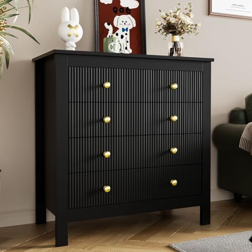 KOMHTOM Commode de Salon de Chambre Noire avec 5 tiroirs Meuble tiroir Rangement avec poignées dorées Meubles de Salon, de Cuisine et de Chambre à Coucher...