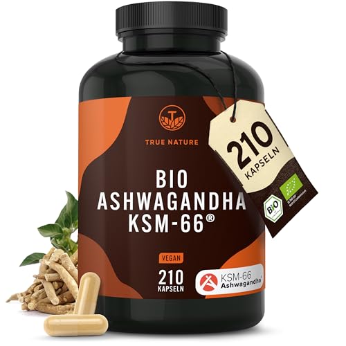 Bio Ashwagandha - KSM-66® Premiumrohstoff - 210 Kapseln - 600mg Tagesdosis - hochdosiert - original indische Schlafbeere - Vegan - Deutsche Produktion - TRUE NATURE