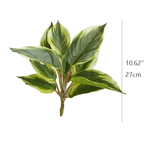 Lovmeety 2 Pack Artificial Plants, Faux Dieffenbachia Green Leaves Shrubs Plants Realistic Fake Variegated Hosta Greenery Leaf for Home Shelf Office Party Garden Bathroom Decoration