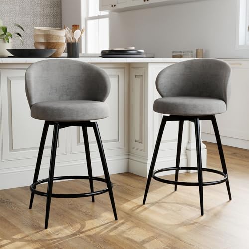 Image of Bar Stools Set of 2, 360 Swivel Breathable Fabric Kitchen Counter Height Stools, 26 inch Upholstered Bar Chair for Kitchen Islands, Restaurant, Grey