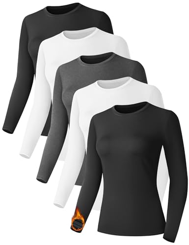 Kinglaman 5 Pack Women Long Sleeve Thermal Shirts Crew Neck Fleece Lined Base Layer Underwear Cold Weather Tops 2 Black 2 White 1 Heather Grey Medium