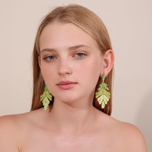 Raffia Long Palm Leaf Earrings, Colorful Handmade Rattan Leaf Drop Dangle Earrings Summer Tropical Beach Jewelry2