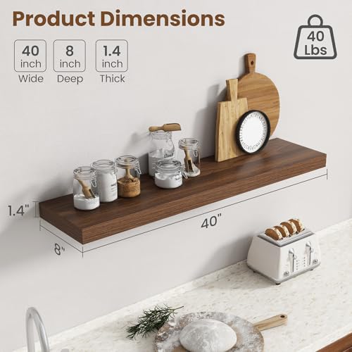 Image of 40 Inch Floating Shelves for Wall, 8 Inch Deep Floating Shelf for Storage & Display, Rustic Wall Mounted Shelf with Invisible Brackets for Living Room, Kitchen, Bathroom, Home Decor, Set of 2, Walnut