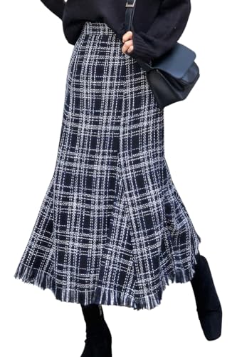 ebossy Women's Casual Plaid Tweed Long Skirt Fall Winter Wool High Waist A-Line Fringed Fishtail Skirt