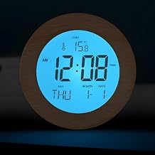 JoFomp Wooden Alarm Clock for Bedroom, 4 LCD Nightlight Small Digital Clock Battery Operated, Loud Alarm Clock for Heavy Sleepers, Alarm Bedside Clock with Temp/Snooze/Date/Week/Countdown - 12/24H