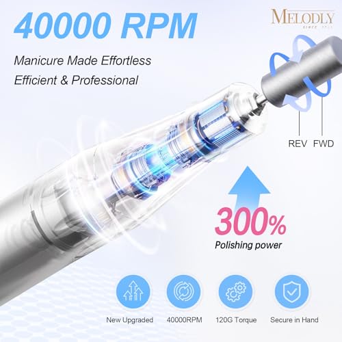 Image of Electric Nail Drill File Professional 40000 RPM, Melodly Rechargeable Electric Nail File Machine Kit for Acrylic Gel Nails Polishing Removing, Portable Cordless Efile with Gold Bits Kit at Salon Home