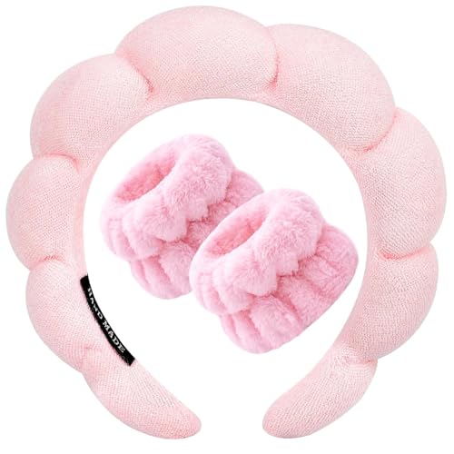 Image of Spa Headband and Wristband Set, Face Wash Headband Makeup Skincare Headband Wrist Bands Washing Face for Preppy Skincare Women Girl (Spa Headband - Pink)