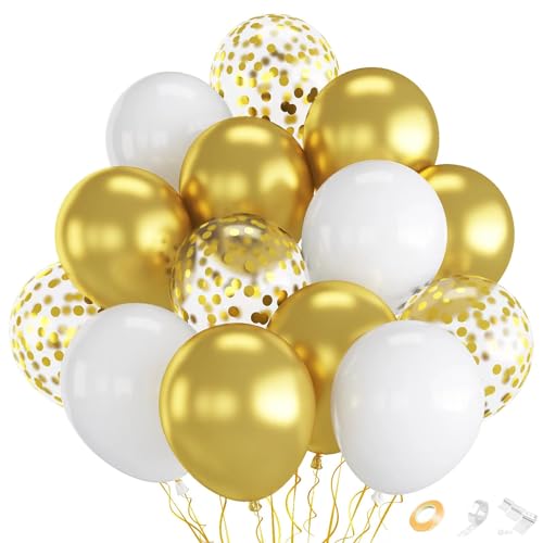 Image of Gold and White Balloons, 70-Pack Gold Balloons for Birthday Wedding
