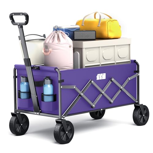 Collapsible Foldable Wagon, Foldig Cart with Wheel Heavy Duty with 180lbs Weight Capacity Lightweight Utility Camping Wagon for Groceries Garden Beach Sports Fishing (Purple)