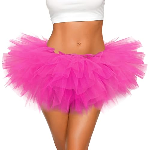 Tutu for Women Adults - 5-Layer Tulle Skirts 80s Outfit for Women - Puffy Adult Tutus - Halloween Costumes Skirt - Womens Girls Neon Hot Pink Tutu Skirts
