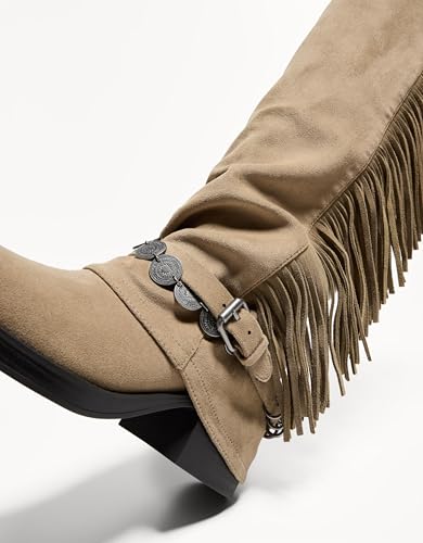 MAVMAX Fold Over Boots with Tassels Fringe Suede Cowboy Boots for Women Slouchy Mid Calf Riding Boot with Belt Buckle2
