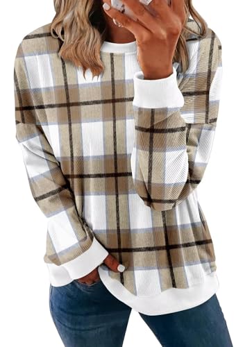 KISSMODA Women's Casual Long Sleeve Sweatshirt Color Block/Solid Crewneck Corduroy Pullover Cute Tops