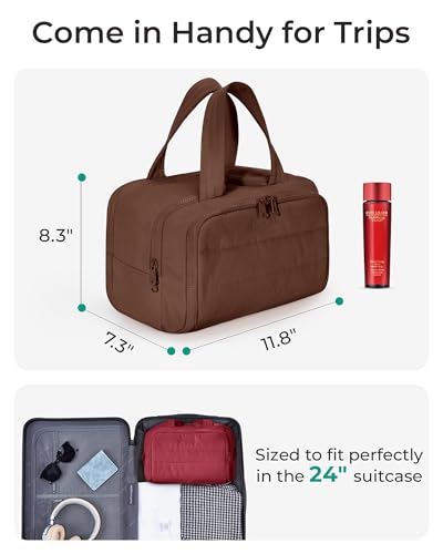Image of BAGSMART Travel Toiletry Bag, Puffy Toiletry Bag for Women, Wide-open toiletry bags for traveling, Large Travel Cosmetic Makeup Bag Organizer for Accessories,Toiletrie (Coffee Brown)