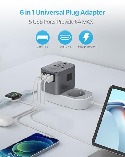 Image of Universal Travel Adapter, VINTAR International Power Adapter with 6A 3 USB C and 2 USB Ports, All in One Travel Essentials Plug Adapter, Worldwide Outlet Converter for Europe UK USA AUS(Type C /G /A /I)
